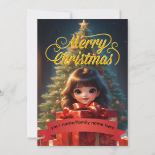 Cute Cartoon Girl Custom Red Ribbon Christmas Card