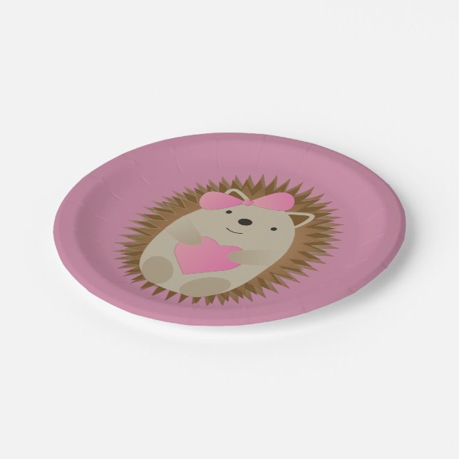 Cute Cartoon Girl Hedgehog Hugging a Pink Heart Paper Plate (Angled)