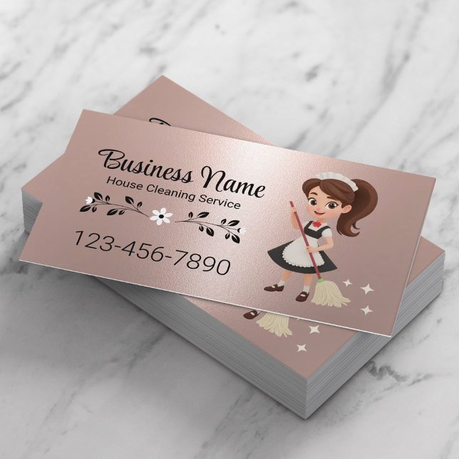 Cute Cartoon Girl House Cleaning Service Rose Gold Business Card (Creator Uploaded)