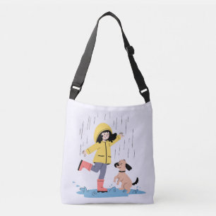 Cute Cartoon Girl & Little Dog Dancing in the Rain Crossbody Bag