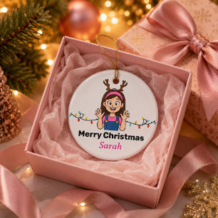 Cute Cartoon Girl Merry Christmas Holiday Ceramic Tree Decoration