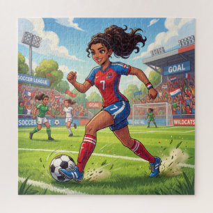 Cute Cartoon Girl Playing Soccer Football Jigsaw Puzzle