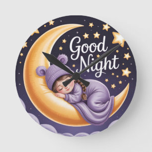 Cute Cartoon Girl Sleeping on Crescent Moon Round Clock