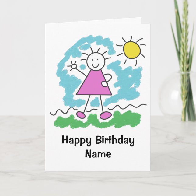 Cute Cartoon Girl Sunny Day Happy Birthday Card (Front)