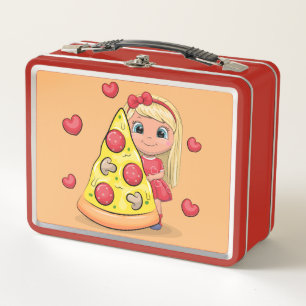 Cute cartoon girl with a big slice of pizza. metal lunch box
