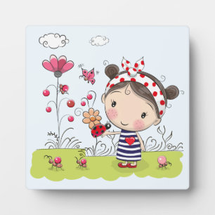 Cute Cartoon Girl with Ladybug in Garden Scene Plaque