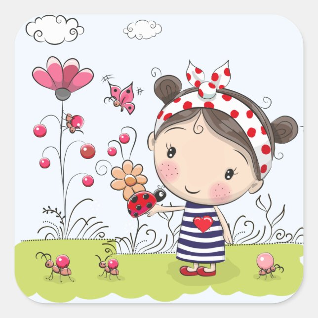 Cute Cartoon Girl with Ladybug in Garden Scene Square Sticker (Front)