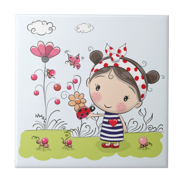 Cute Cartoon Girl with Ladybug in Garden Scene Tile (Front)