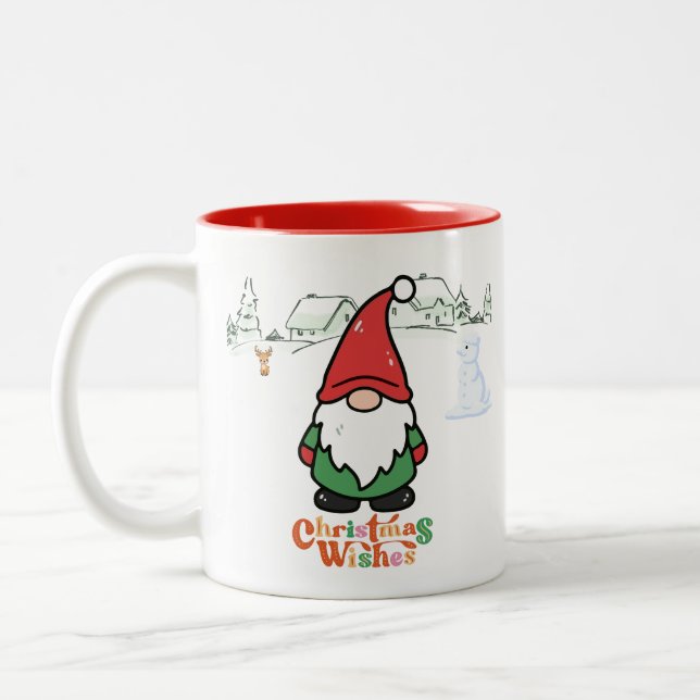 Cute Cartoon Gnome Christmas Wishes Two-Tone Coffee Mug (Left)