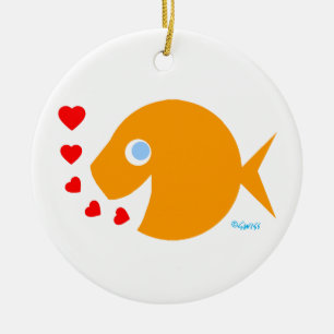 Cute Cartoon Goldfish Kisses with Love Message Ceramic Tree Decoration