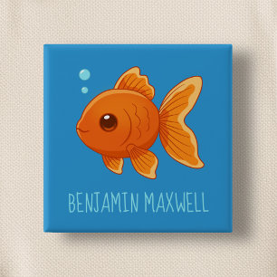 Cute Cartoon Goldfish on Blue Custom Name 15 Cm Square Badge