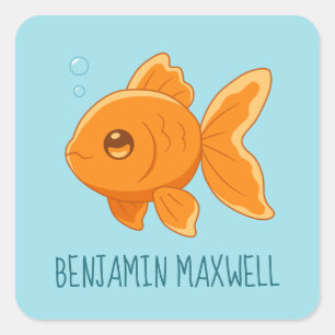 Cute Cartoon Goldfish on Blue Custom Name Square Sticker