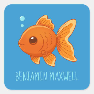 Cute Cartoon Goldfish on Blue Custom Name Square Sticker
