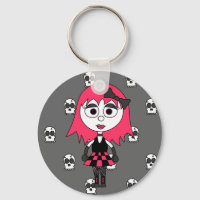 Cute Cartoon Goth Girl And Skulls Keychain