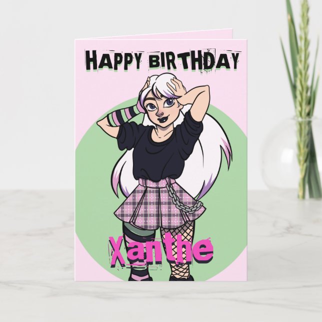 Cute Cartoon Goth Girl Pink Birthday Card (Front)