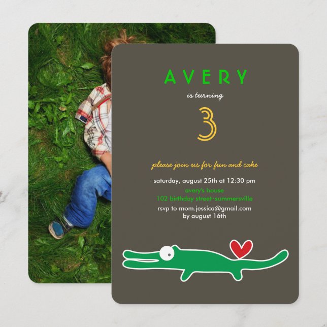 Cute Cartoon Green Alligator Kid's Birthday Photo Invitation (Front/Back)