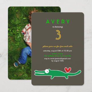 Cute Cartoon Green Alligator Kid's Birthday Photo Invitation