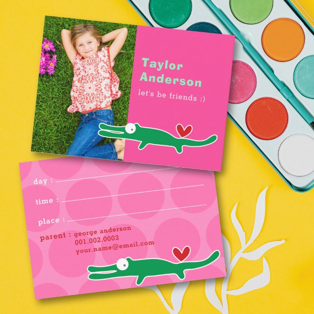 Cute Cartoon Green Alligator Photo Kid's Play Date Calling Card (Creator Uploaded)
