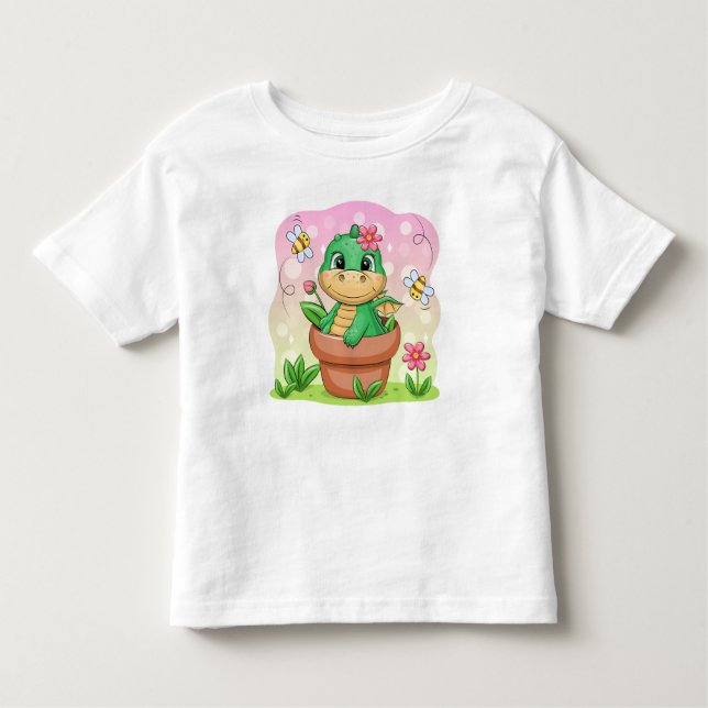 Cute cartoon green dragon in the flower pot toddler T-Shirt (Front)