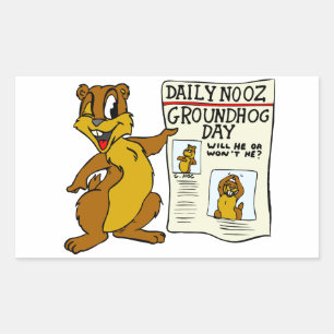 Cute Cartoon Groundhog w/ Groundhog Day Newpaper Rectangular Sticker