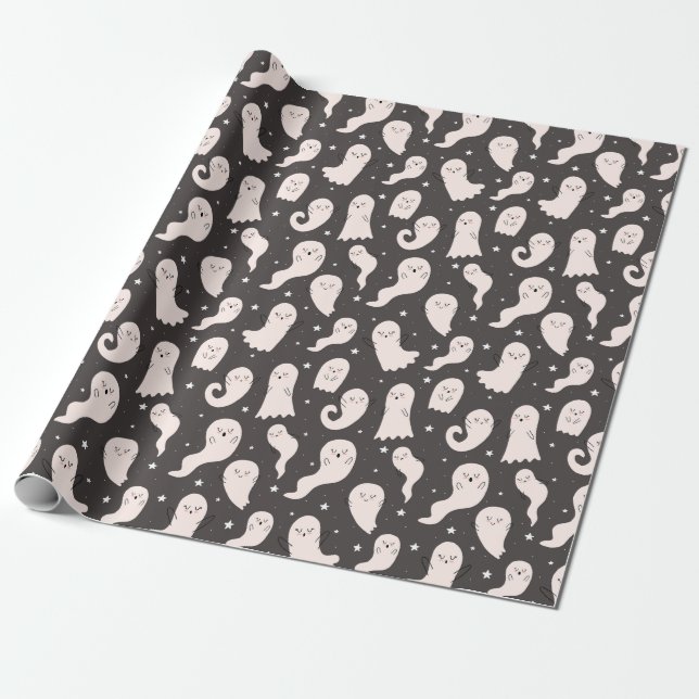 Cute Cartoon Halloween Ghost Drawing Black White Wrapping Paper (Unrolled)