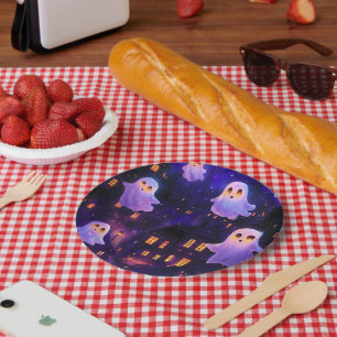 Cute Cartoon Halloween Midnight Flying Ghosts Paper Plate
