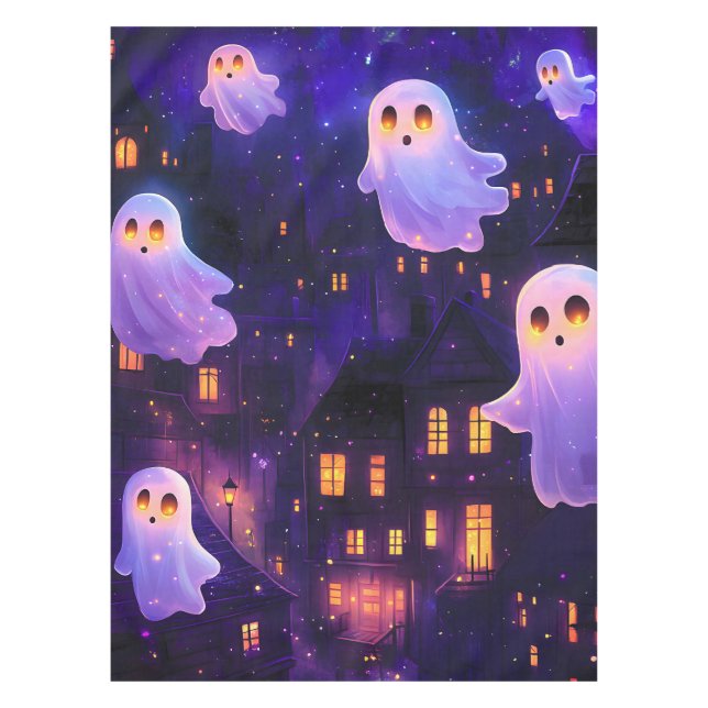 Cute Cartoon Halloween Midnight Flying Ghosts Tablecloth (Front)