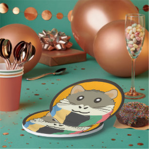Cute cartoon hamster with a multicolored scarf paper plate