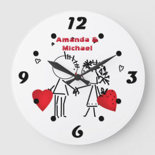 Cute cartoon handdrawn boy girl love Valentines Da Large Clock