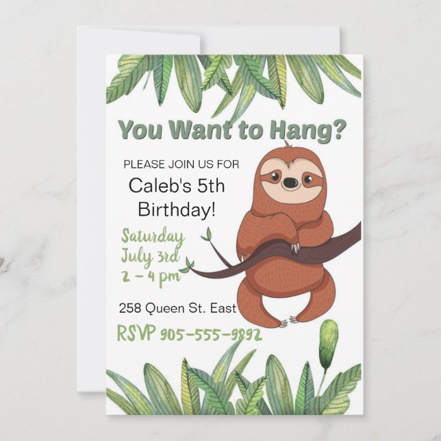 Cute cartoon hanging Sloth Birthday Invitation (Front)