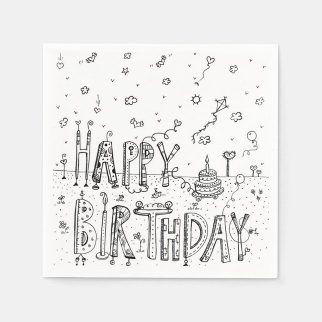 CUTE  CARTOON HAPPY BIRTHDAY BLACK INK COLOR LOGO NAPKIN (Front)
