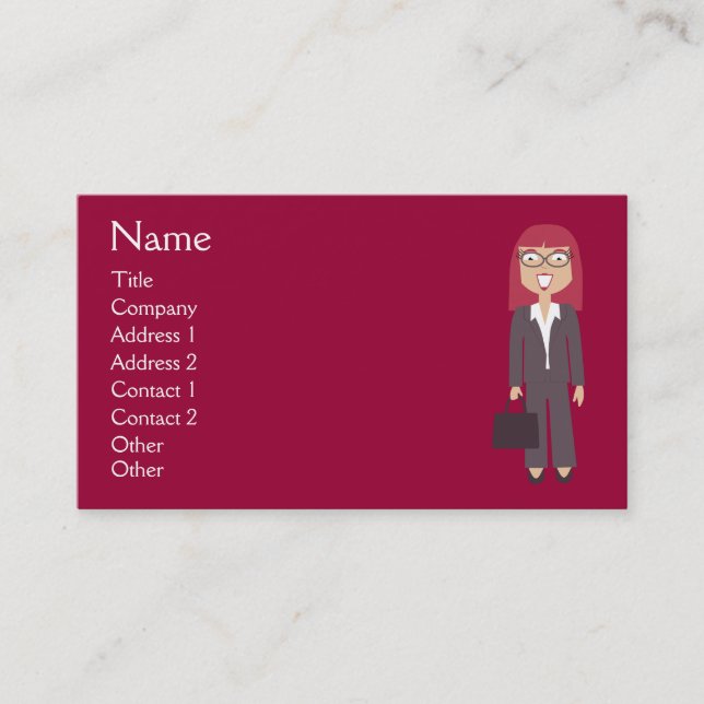 Cute Cartoon Happy Businesswoman Red Custom Business Card (Front)