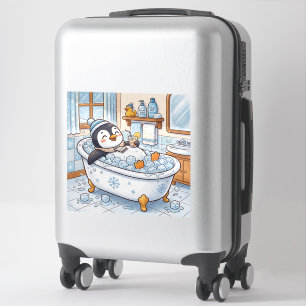 Cute Cartoon Happy Penguin Taking a Bath