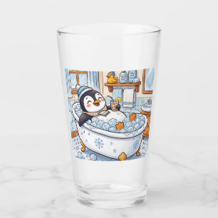 Cute Cartoon Happy Penguin Taking a Bath Glass