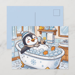 Cute Cartoon Happy Penguin Taking a Bath Holiday Postcard