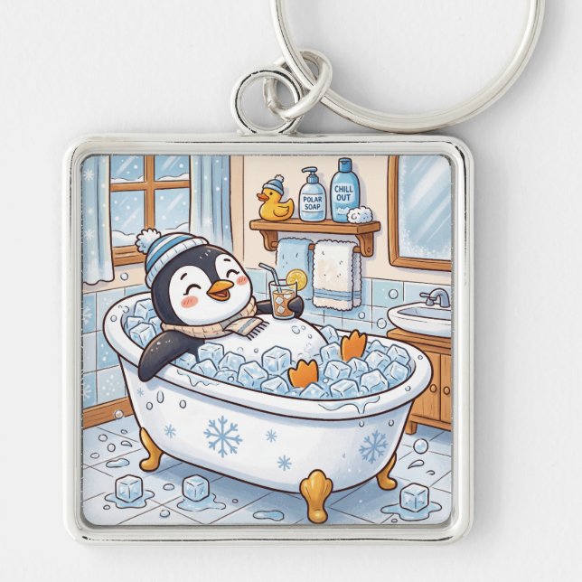 Cute Cartoon Happy Penguin Taking a Bath Key Ring (Front)
