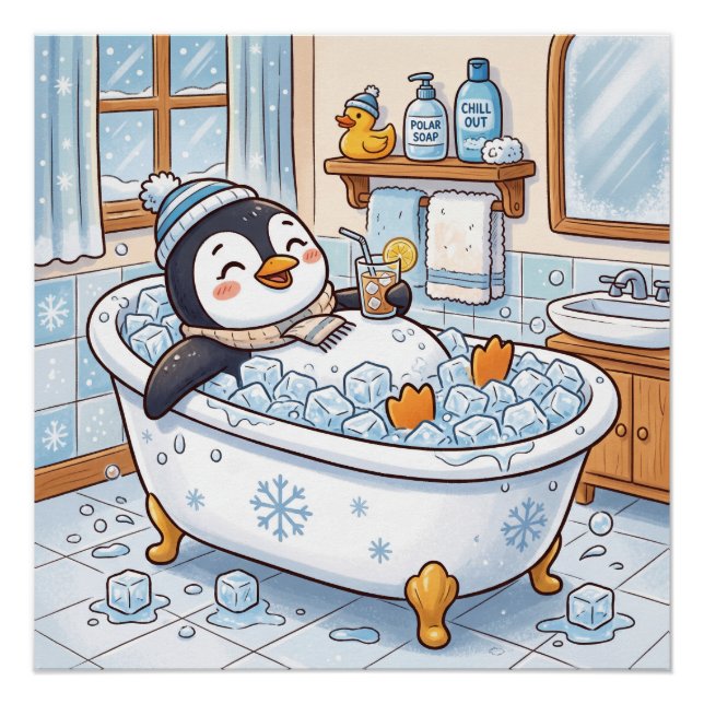Cute Cartoon Happy Penguin Taking a Bath Poster (Front)