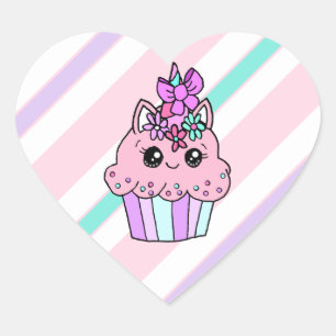 Cute Cartoon Heart Unicorn Cupcake Sticker