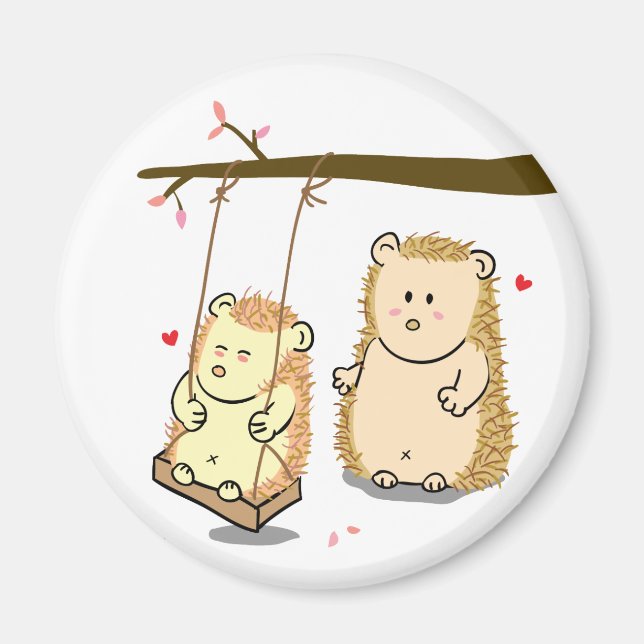 Cute Cartoon Hedgehog couple in love at tree swing Magnet (Front)