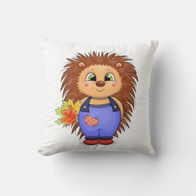 Cute cartoon hedgehog with autumn leaves. cushion (Front)