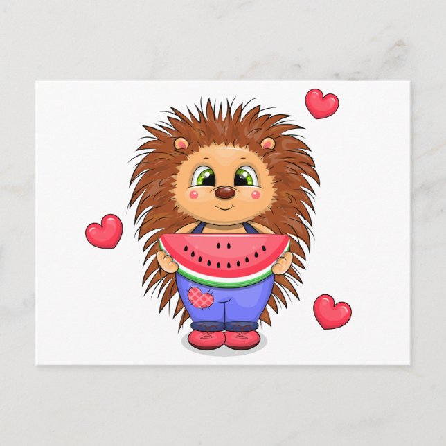 Cute cartoon hedgehog with watermelon postcard (Front)