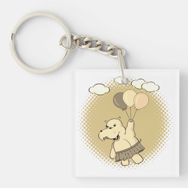 Cute Cartoon Hippo Flying With Balloons Key Ring (Front)