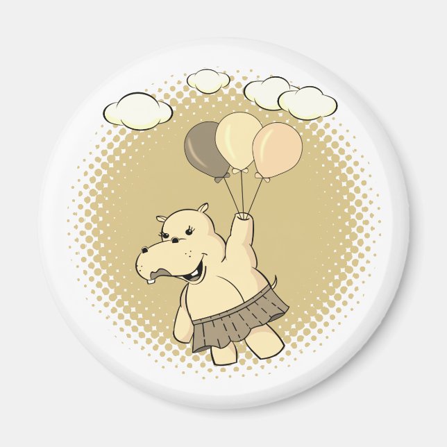 Cute Cartoon Hippo Flying With Balloons Magnet (Front)