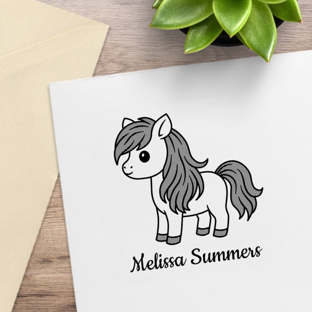 Cute Cartoon Horse Pony Custom Name Rubber Stamp (Creator Uploaded)