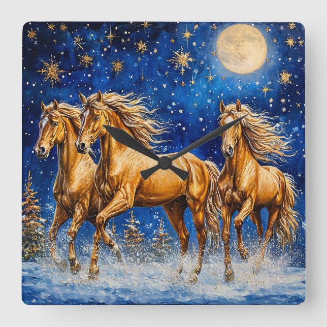 Cute Cartoon Horses Square Wall Clock (Front)