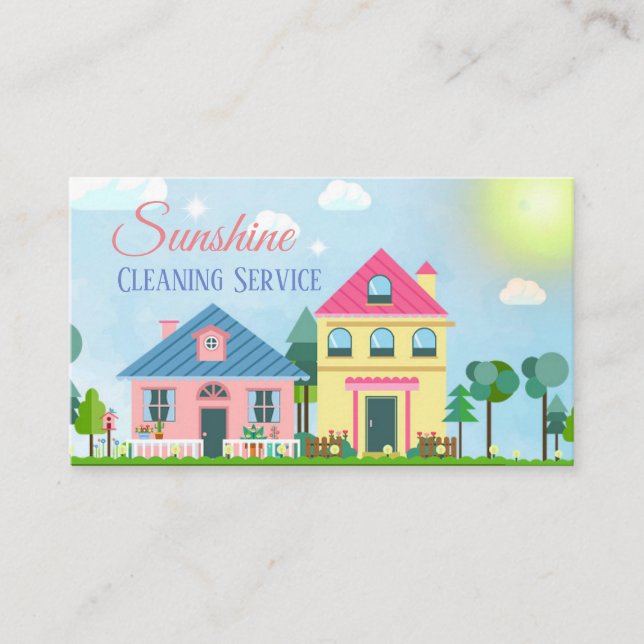 Cute Cartoon House Cleaning Services Business Card (Front)