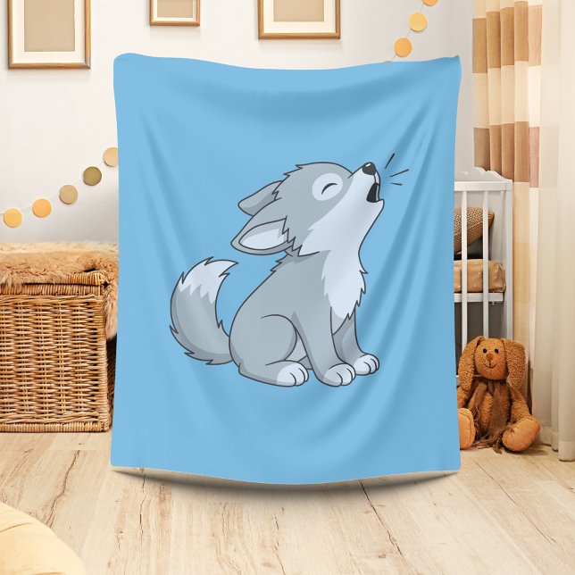 Cute Cartoon Howling Wolf Pup Blue Fleece Blanket (Creator Uploaded)