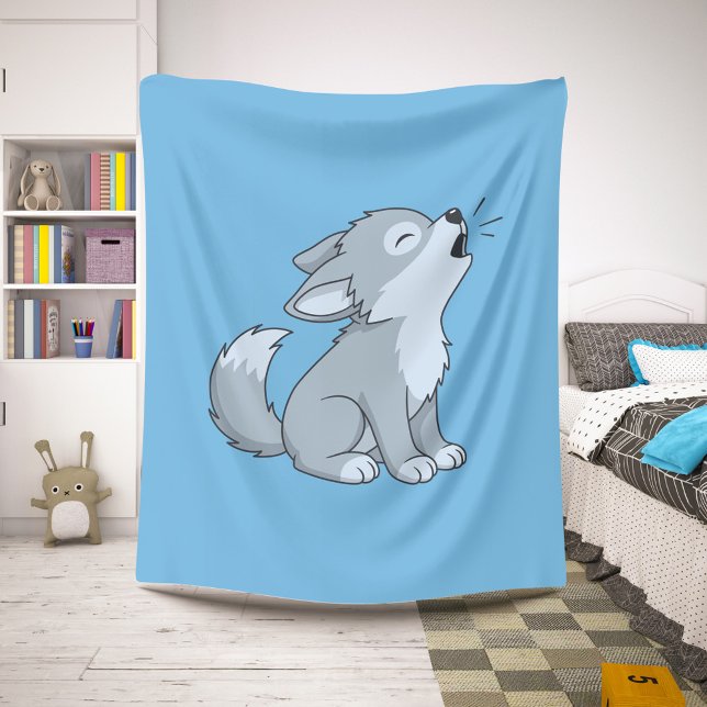 Cute Cartoon Howling Wolf Pup Blue Sherpa Blanket (Creator Uploaded)