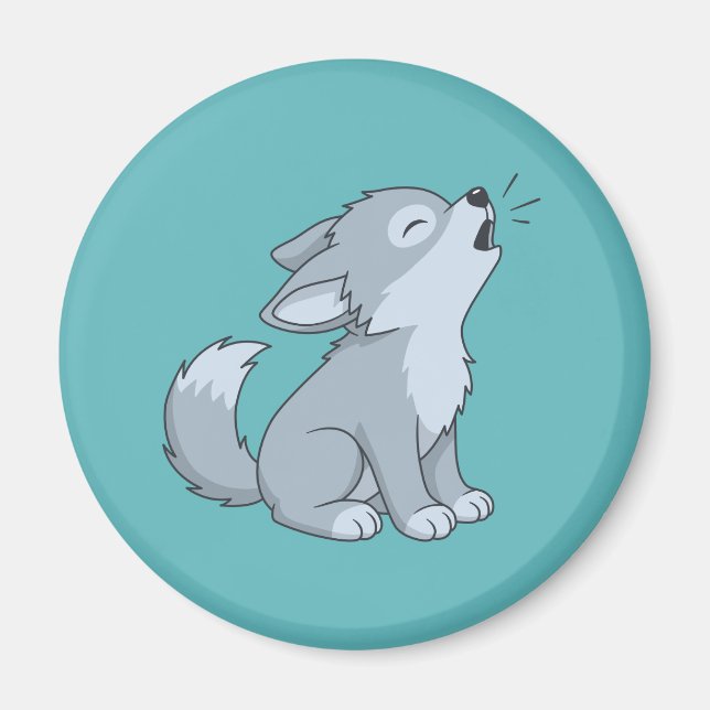 Cute Cartoon Howling Wolf Pup on Green Magnet (Front)