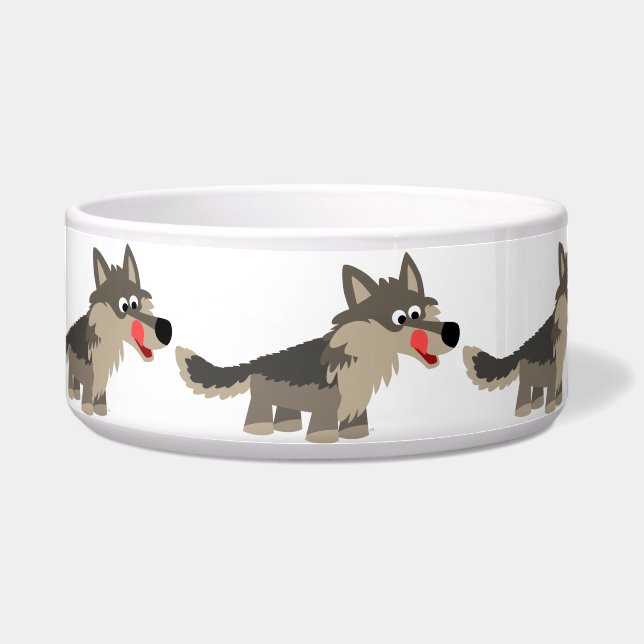 Cute Cartoon Hungry Wolf Dog Bowl (Front)